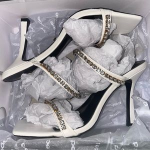 Bebe Brandie Rhinestone Square Toe Sandal White Heels Size 8 NWT